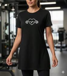 Women's Long Line Top With Butt Coverage, Fitness, Workout, Gym, Heart Print - 黑色 - 查看 1