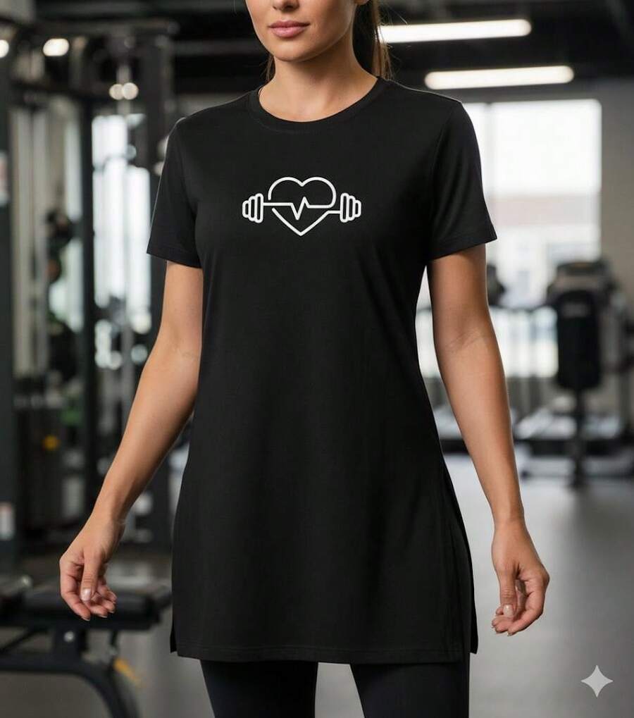 Women's Long Line Top With Butt Coverage, Fitness, Workout, Gym, Heart Print - 黑色 - 查看 1