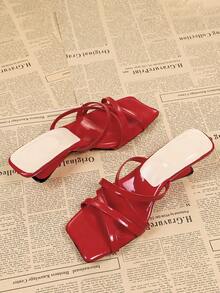Sandalias de tacón alto con punta cuadrada y tiras cruzadas en color rojo, sandalias casuales sin talón tipo mula - Rojo - Ver 6