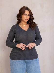 Women's Plus Size Knit Blouse With Braided Detail, V-Neck, Long Sleeves, Casual Style - 石墨 - 查看 2