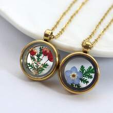 1件创意钛钢项链，配圆形干花吊坠，简约干花压制项链 - 圓形 - 查看 3