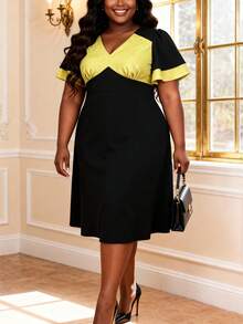 Plus Size Women's Black & Yellow Contrast A-Line Dress, V-Neck Flare Sleeve, Elegant Cocktail Party Dress - Black - View 3