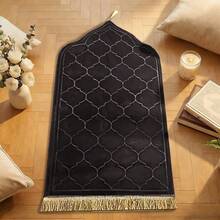 1件法兰绒压花加厚柔软祈祷毯，防滑易清洁大号地毯垫，带流苏 - 黑色 - 查看 1