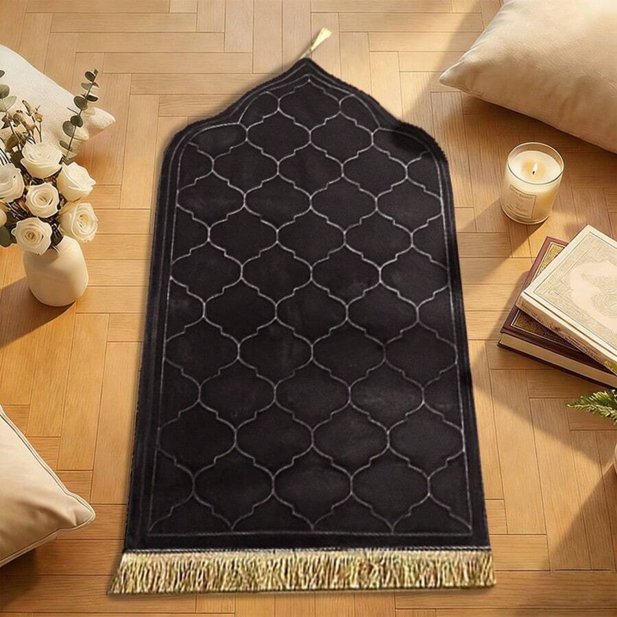 1件法兰绒压花加厚柔软祈祷毯，防滑易清洁大号地毯垫，带流苏 - 黑色 - 查看 1