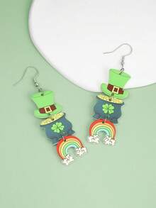 一对爱尔兰圣帕特里克节亚克力耳环，配有绿色帽子、三叶草和彩虹图案，创意十足 - 彩色 - 查看 2