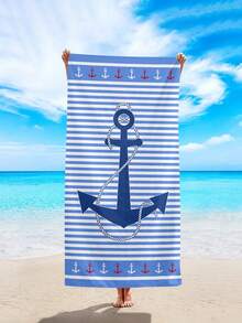 1pc Fashionable Simple Blue Striped Beach Towel, Anchor & Ocean Printed Beach Towel, Super Soft Quick Dry Beach Towel, Suitable For Travel, Camping, Swimming Pool, Yoga, Fitness, Shower, Beach Swimming Accessories, Beach Holiday Essential Gift (Single-Sided Floral Print, Multiple Colors Available) - Blue Stripes - View 4