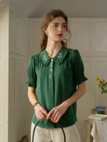Simple Retro Women Blouses - Green - View 3