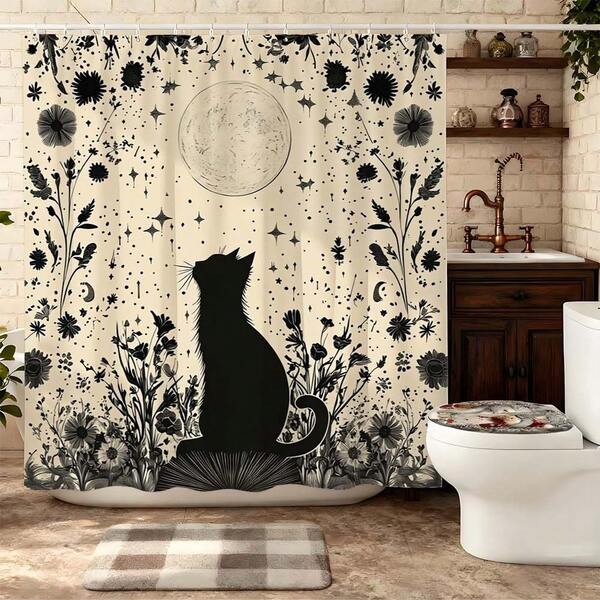 1pc Moonlit Cat Silhouette Shower Curtain With Hooks, Whimsical Botanical Bathroom Shower Curtain, Black Cat Floral Starry Sky Bathroom Curtain For Boho Bathroom Decor, Minimalist Art Bath Accessories, Stylish Bath Supplies For Cat & Nature Lovers, Shower Curtain For Cozy Bathrooms, Durable Bathroom Shower Curtain For Magical Home Makeover