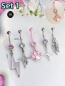 Morlyda 5件套可爱甜美粉色钢制蝴蝶、爱心、花朵肚脐环，不锈钢蛇形十字肚脐环，亚克力星星吊坠肚脐环，闪电肚脐环，猫咪肚脐环，适合女性和女孩，可用于情人节、圣诞节、日常佩戴、派对、度假、聚会等场合。 - 粉色 - 查看 4