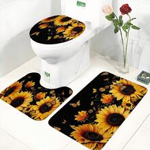 1pc Nordic Style Faux Wool Sunflower Floral Print 3-Piece Bathroom Set/Bath Mat/Non-Slip Rug, High-Quality Faux Wool Material, Soft, Comfortable, Non-Slip, Suitable For Bathroom, Toilet And Other Areas - Multicolor - View 2