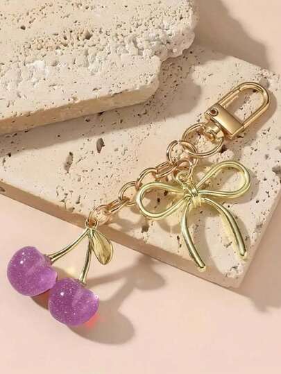 1pc Unisex Cherry Keychain, Fashionable Bow Pendant, Luxury Style Delicate Bag Charm