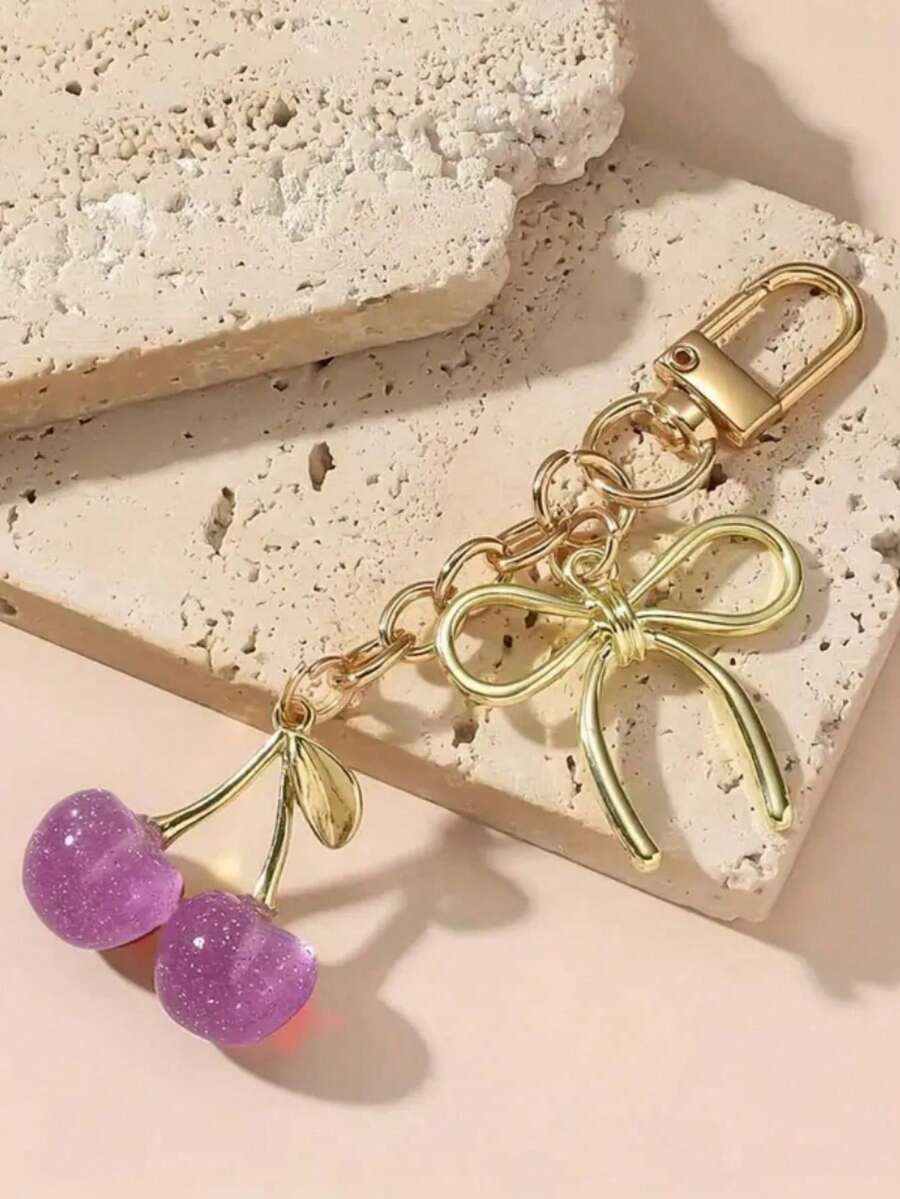 1pc Unisex Cherry Keychain, Fashionable Bow Pendant, Luxury Style Delicate Bag Charm - Multicolor - View 1
