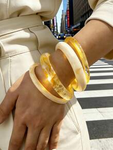 4 peças/3 peças Conjunto Vintage Punk Geométrico Assimétrico Pulseira de Resina Marrom, Café, Azul, Amarelo Acrílico Semi-Transparente Espessa, Personalizada Minimalista Elegante Adequada para Mulheres e Homens, Presente para Festa, Jantar, Dia a Dia (Padrão de Resina Aleatório) - Multicolorido - Visão 12