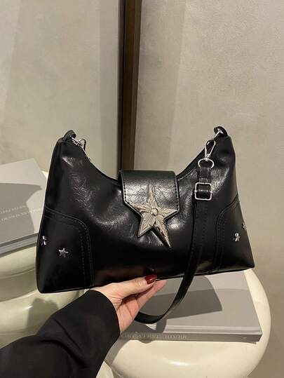 1pc Solid Color Casual Crossbody Bag, New Fashion Rivet Star Decor Large Capacity Shoulder Bag, Women Underarm Commuter Bag