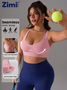 Zimi Collection Plus Size Solid Pink Seamless Ribbed Sexy Backless Crisscross Bra Removable Pad Workout Crop Top Athleisure Ropa Deportiva - Pink - View 5