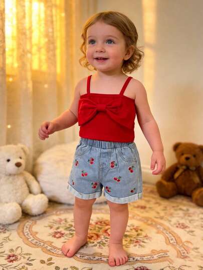 2件套女婴休闲可爱红色蝴蝶结装饰吊带背心搭配时尚樱桃刺绣水洗蓝牛仔短裤套装，夏季新品