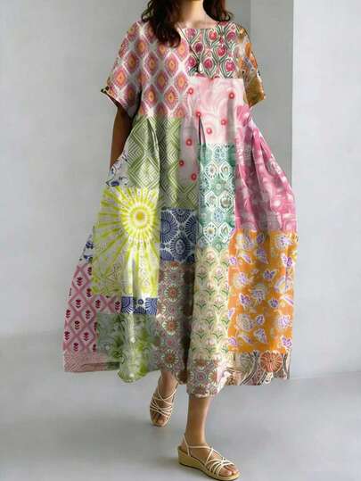 فستان فضفاض بطبعات زهرية متناسقة للعطلات