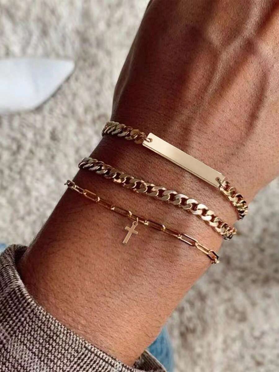 3pcs Layered Chain Bracelet, Classic Safety Pin, Paperclip Layered Mixed Design, Creative Cross Charm Men Jewelry - Yellow Gold - View 1