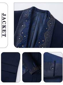 3 Piece Men's Suits, Rhinestone Embellished Shawl Collar Tuxedo, Slim Fit Formal Blazer With Vest And Pants, For Wedding Party Prom Groomsmen - 藏蓝色 - 查看 6