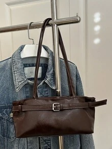1pc Vintage Large Capacity Tote Bag, Commuter Oversized Underarm Bag, Fashion Motorcycle Handbag, PU Solid Color Oiled Wax Leather, Strap Decor, Zipper Closure, Women's Shoulder Bag For Work, College Student Backpack, Short Trip, Vacation, Shopping, Business, Suitable For Daily Use - Coffee Brown - View 3