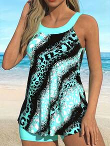 Leopard Print Round Neck Backless Size Women's Tankini Swimsuit - Multicolor - View 1