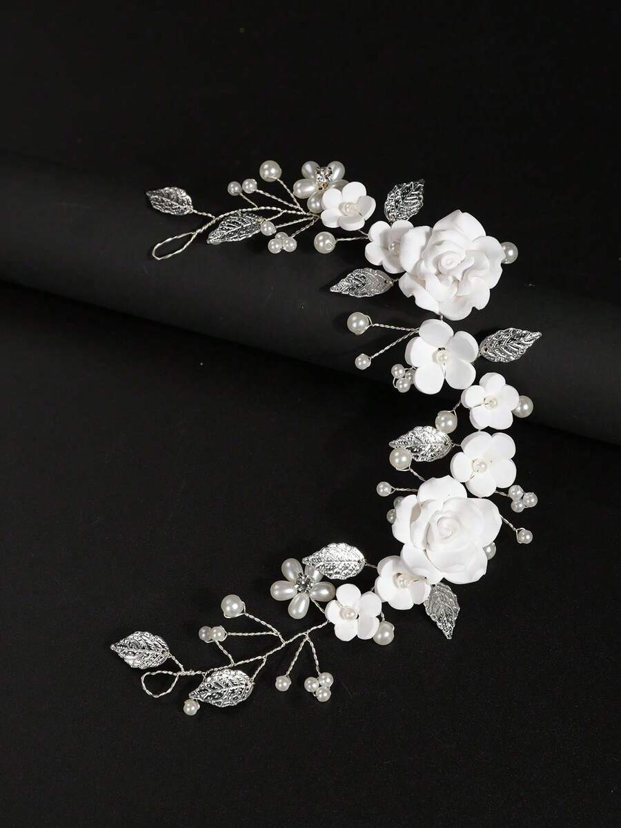 1pc Girls' Handmade Soft Clay Rose Flower Headband, Korean Style Hair Accessory (Can Be Freely Matched With Ribbon) - White - View 1