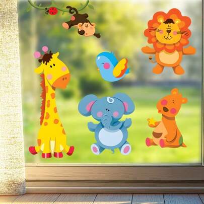 1 set Pegatinas decorativas para ventanas con diseño de animales del bosque de dibujos animados. Película de PVC colorida y removible para vidrios de ventanas.