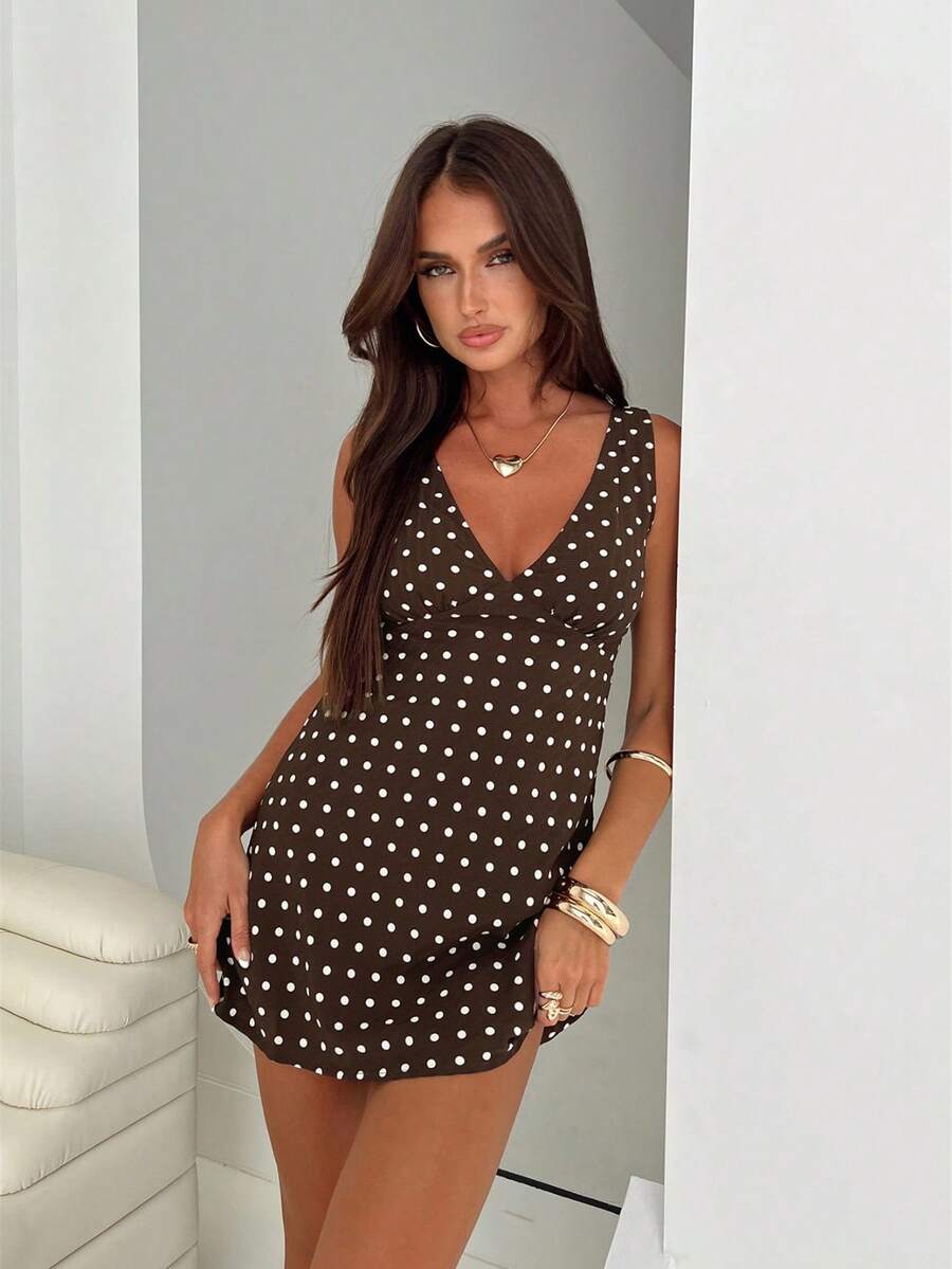 Women Boho Summer Polka Dots Tank Dress Sleeveless Deep V-Neck Bodycon Tie Back Casual Short Mini Dress Holiday Beachwear Sundress Party Clubwear - Cà phê nâu - Xem 1