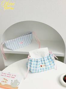Korean Ins Style Drawstring Tissue Box, Blue & White Plaid Fabric Storage Bag, Atmosphere Decor For Desk, Suitable For Coffee Table, Dining Table, Car - Simple & Fashionable Home Essential - Multicolor - View 1