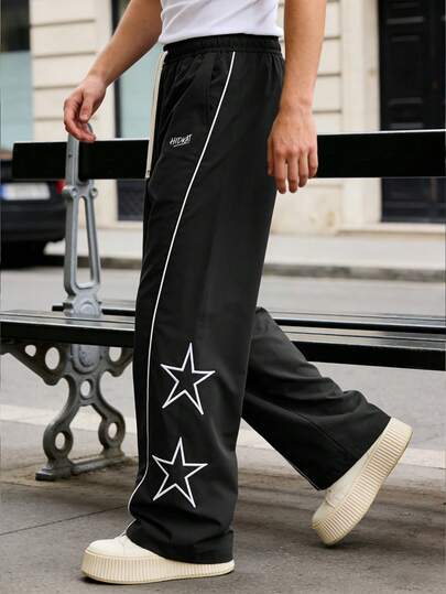 男士户外抽绳休闲裤，简约五角星刺绣，舒适直筒裤
