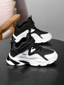Youth/Teen Hook And Loop Closure Leather Basketball Shoes, Design - Black and White - View 2