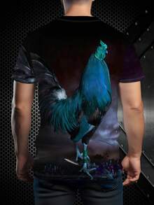 Men's 3D Rooster Print T-Shirt - Casual Short Sleeves, Round Neck, Top With Big Rooster Pattern - Multicolor - View 2