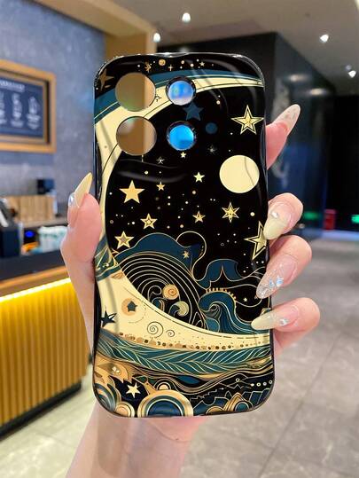 1 st. trendigt nätfodral med guldfärgad linje och månmönster, svart krämfärgad vattenvåg, tjockt, fallskyddande telefonskal med precisa hål, lämpligt för fallskyddande, stötdämpande linser, heltäckande skydd, hög mode, lämpligt för både män och kvinnor, perfekt val för modeentusiaster, enkelt och snyggt telefonskal, kompatibelt med 17/17 Pro/17 Pro Max/17 Air, kompatibelt med OPPO, kompatibelt med Vivo Y20/Y21/Y36