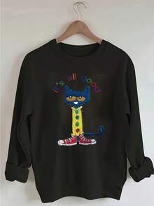 Plus Size, Women's Plus Size Loose Fit Crewneck Sweatshirt - Cute Pet1e The Cat Graphic & 'It's All Good' Text - Soft Everyday Lounge Wear, Holiday Outfits - Machine Washable Plus Size Tops For Women, Casual Wear, Playful Design, Comfortable Fabric, Vacation Clothing, Tr3ndy Print, Durable Construction, Long Sleeve Shirt, Relaxed Fit Clothing - 黑色4 - 查看 1