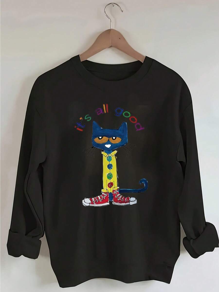 Plus Size, Women's Plus Size Loose Fit Crewneck Sweatshirt - Cute Pet1e The Cat Graphic & 'It's All Good' Text - Soft Everyday Lounge Wear, Holiday Outfits - Machine Washable Plus Size Tops For Women, Casual Wear, Playful Design, Comfortable Fabric, Vacation Clothing, Tr3ndy Print, Durable Construction, Long Sleeve Shirt, Relaxed Fit Clothing - 黑色4 - 查看 1