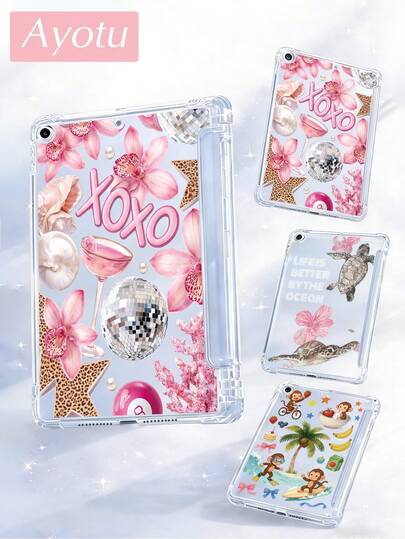 Ayotu 1pc Transparent Protective Case With Hibiscus Flower, Sea Turtle, Coconut Tree And Monkey Pattern, Compatible With IPad 11th/IPad 10/IPad 9/IPad Air 7th 11-Inch/IPad Air 5th/Kindle Paperwhite 11th/Kobo Libra Colour/Kindle 6-Inch, Full-Coverage Soft Transparent Shell