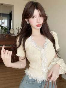 New Unique Design Cropped Lace Cardigan, Sweet & Spicy, Flattering, Suitable For Spring/Summer - Apricot - View 3