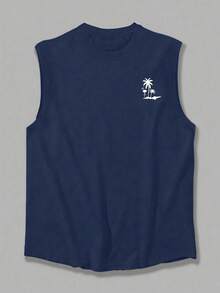 1pc Men's Casual Coconut Tree Print Round Neck Tank Top, Summer - Navy Blue - View 3