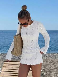 Women's Spring/Summer Beach Vacation Bohemian French Elegant Hollow-Out Backless Sexy Sheer Long Sleeve Slim Fit Cover-Up Dress - White - View 7