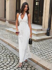 Unadoll Women's Summer Low Cut, Long Tie Neck, Backless, Zipper, Polka Dot Fabric Sexy And Elegant Dress, Suitable For Dates, Vacations, Parties, Dinners, Valentine's Day, Birthdays And Other Occasions - White - View 4