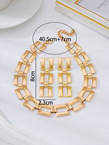一套百搭精致几何镂空方形金属链项链耳环首饰套装，节日及假期送给女性的礼物 - 金黃色 - 查看 4