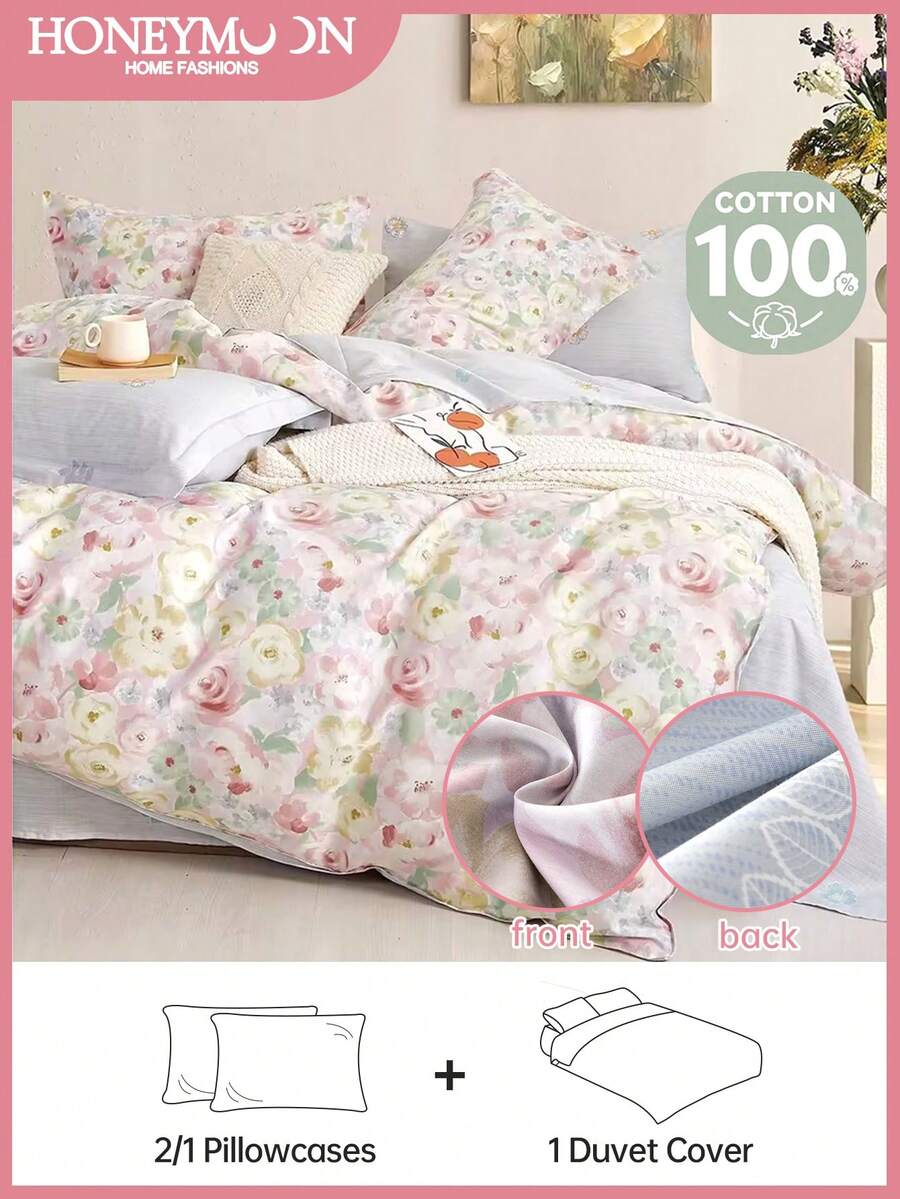 Bộ ga trải giường in họa tiết hai mặt 2/3 món, 100% cotton, siêu mềm mại và thân thiện với da, bộ đồ giường cổ điển thanh lịch dùng được cả bốn mùa, trang trí in họa tiết dễ thương thời trang cho phòng ngủ và ký túc xá, có thể giặt máy, không kèm chăn bông. - Nhiều màu - Xem 1