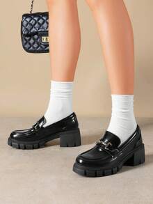 Women Chunky Loafers Round Toe Casual Horse-Bit Mid-Heel Slip-On Loafers, Vintage Elegant British Style, Comfortable Platform Chunky Versatile Pumps Shoes - 黑色 - 查看 3