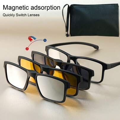 cabecade 一套新款时尚磁吸式夹片太阳镜，包含1个镜框和3个可替换镜片，附赠收纳袋，男女通用方形眼镜套装，组合式眼镜，更多搭配选择，适合男女佩戴