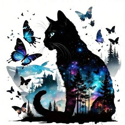 1 pieza/2 piezas/3 piezas Parches brillantes de transferencia térmica con diseño de gato y mariposa en cielo estrellado, pegatinas duraderas y de larga duración para planchar en camisetas DIY, sudaderas, vaqueros, sudaderas, mochilas, chaquetas, bolsos, almohadas