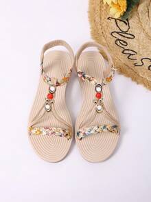 Sandalias planas de verano para mujer con puntera redonda, hechas a mano con cuentas, de estilo bohemio, de moda versátil y cómodas para vacaciones - Beis - Ver 2