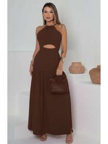 Serena Luxury Women's Long Dress With Padded Cups, Front Cutout, Crossover Back And Side Slit. Casual, Elegant, Party, Asymmetrical, Everyday, Vacation. - 鏽棕色 - 查看 5