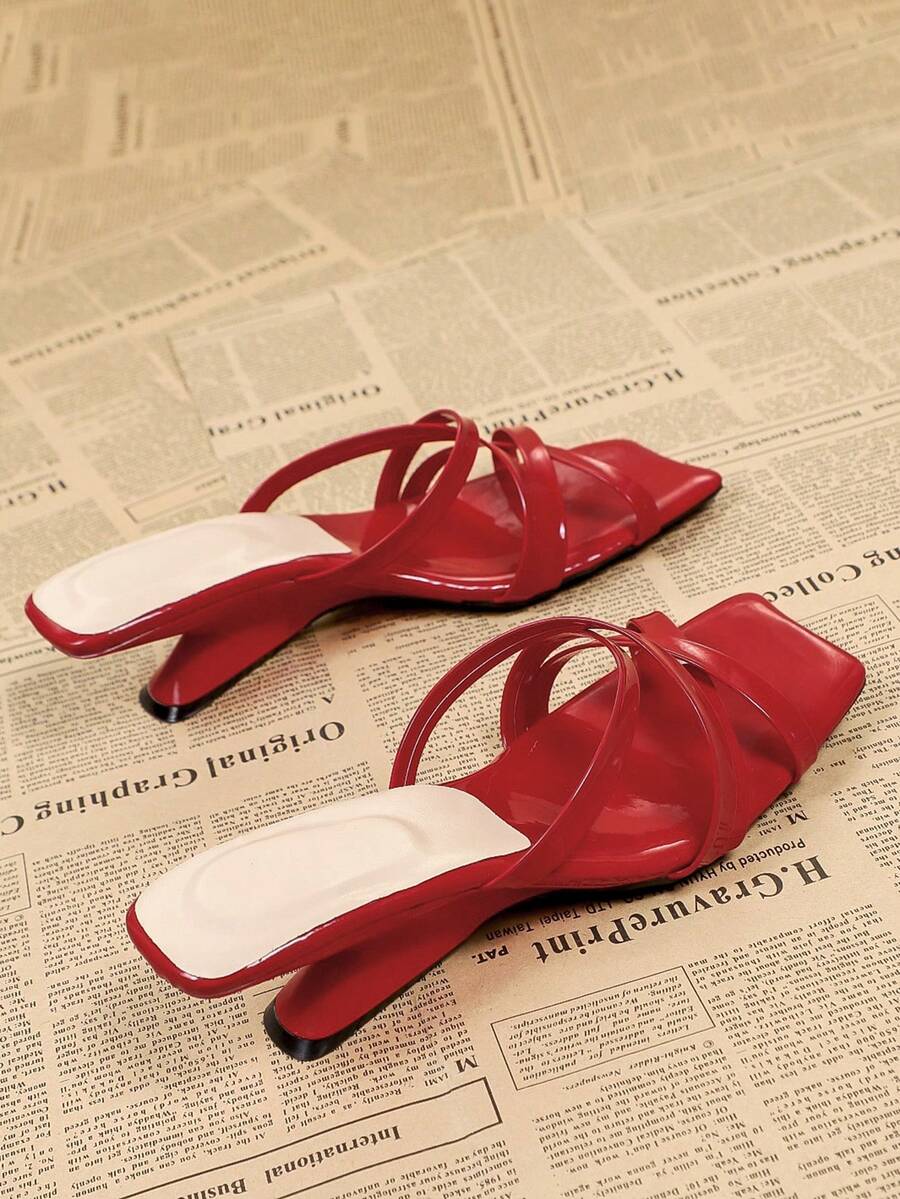 Sandalias de tacón alto con punta cuadrada y tiras cruzadas en color rojo, sandalias casuales sin talón tipo mula - Rojo - Ver 1