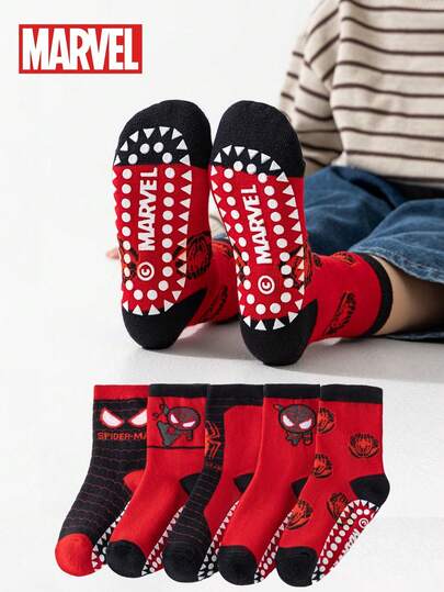  5 Pairs Marvel Venom & Spider-Man Theme Anti-Slip Gel Socks For Kids, Including Girls' Over-The-Knee Socks, Boys' Breathable Anti-Slip Cartoon Socks, And Anti-Slip Floor Socks Suitable For Active Kids And Spider-Man Movie Fans