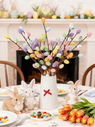 随机2/4/6/10件复活节装饰品，复活节人造花3件套带花瓶，兔子桌面装饰，春季桌面摆件，适用于家居、客厅、餐桌，彩蛋春季花卉，送给女性的礼物